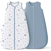 Konssy Muslin Baby Sleep Sack 0-6 Months 0.8 TOG, 2 Pack 100% Cotton Wearable Blanket for Babies, 2-Way Zipper Breathable Sleeping Sack Infant Toddler Essentials for Girls and Boys (Star, Blue)