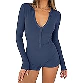 INFITTY Women Long Sleeve V Neck Rompers Ribbed Button Down Yoga Rompers Sexy Pajama Unitard Outfit