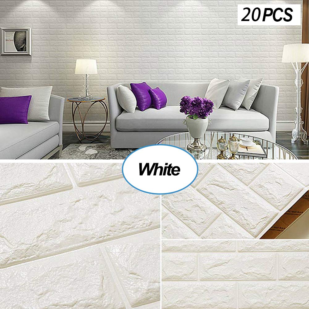 Masione 20Packs 3D Self-Adhesive Wall Panels Faux Foam Bricks Wallpaper for TV Walls/Sofa Background Wall Decor White 116.26 sq.ft