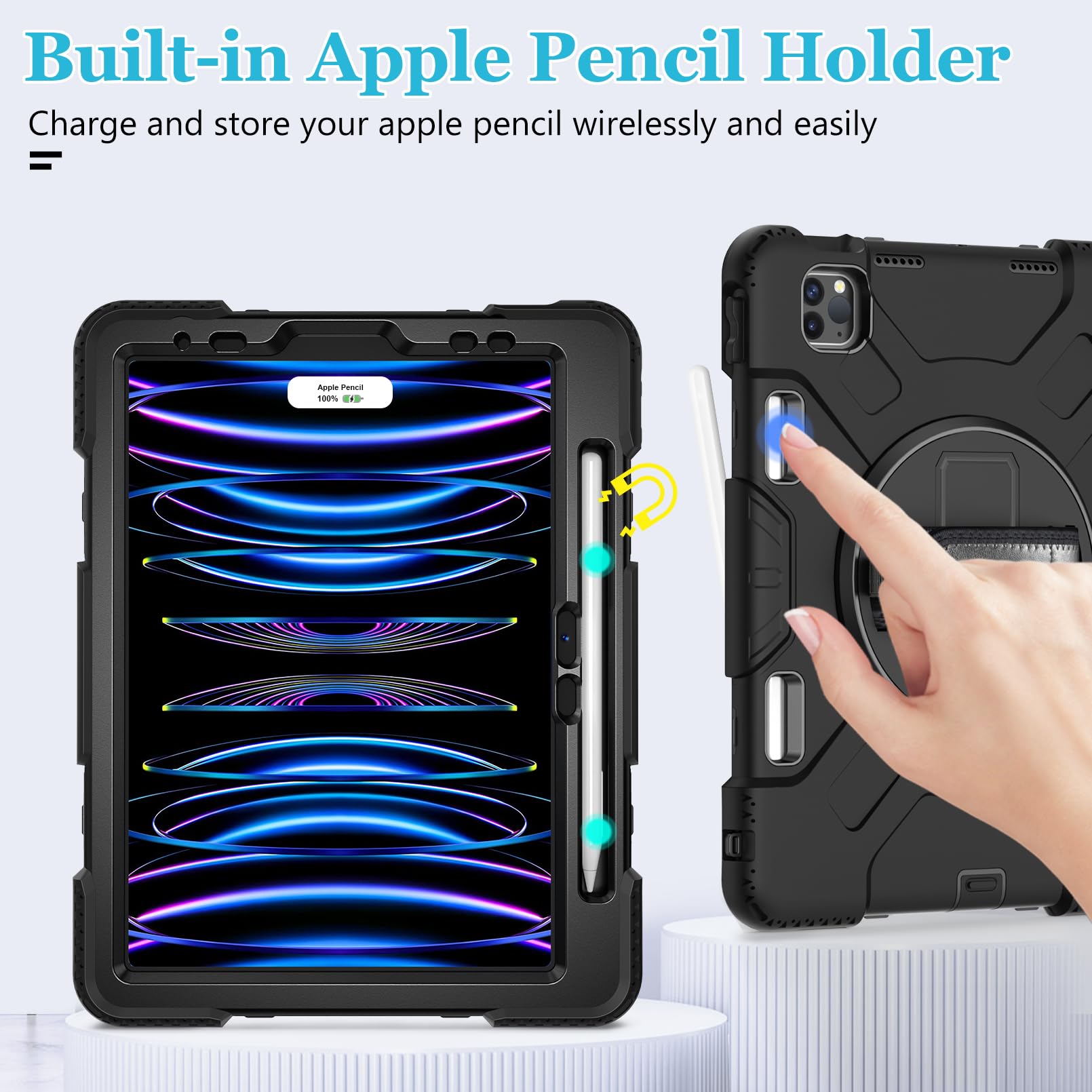 Case for iPad Pro 11 Inch (2022/2021/ 2020/2018): Silicone Cover for iPad 11 (4th/ 3rd/ 2nd/ 1st) Generation with Screen Protector- Stand- Handle- Shoulder Strap- Pencil Holder- Black