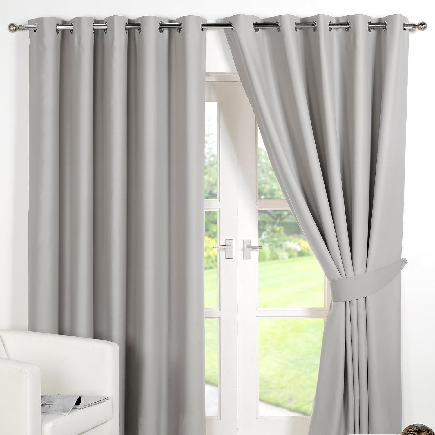 Dreamscene Eyelet Blackout Curtains Set of 2 Thermal Ring Top Window Treatment Panels Silver