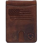 ARIAT Men's Wallet, Brown Genuine Leather, Money Clip Style, Distressed USA Flag, Shield Logo, Card Slots, ID Window
