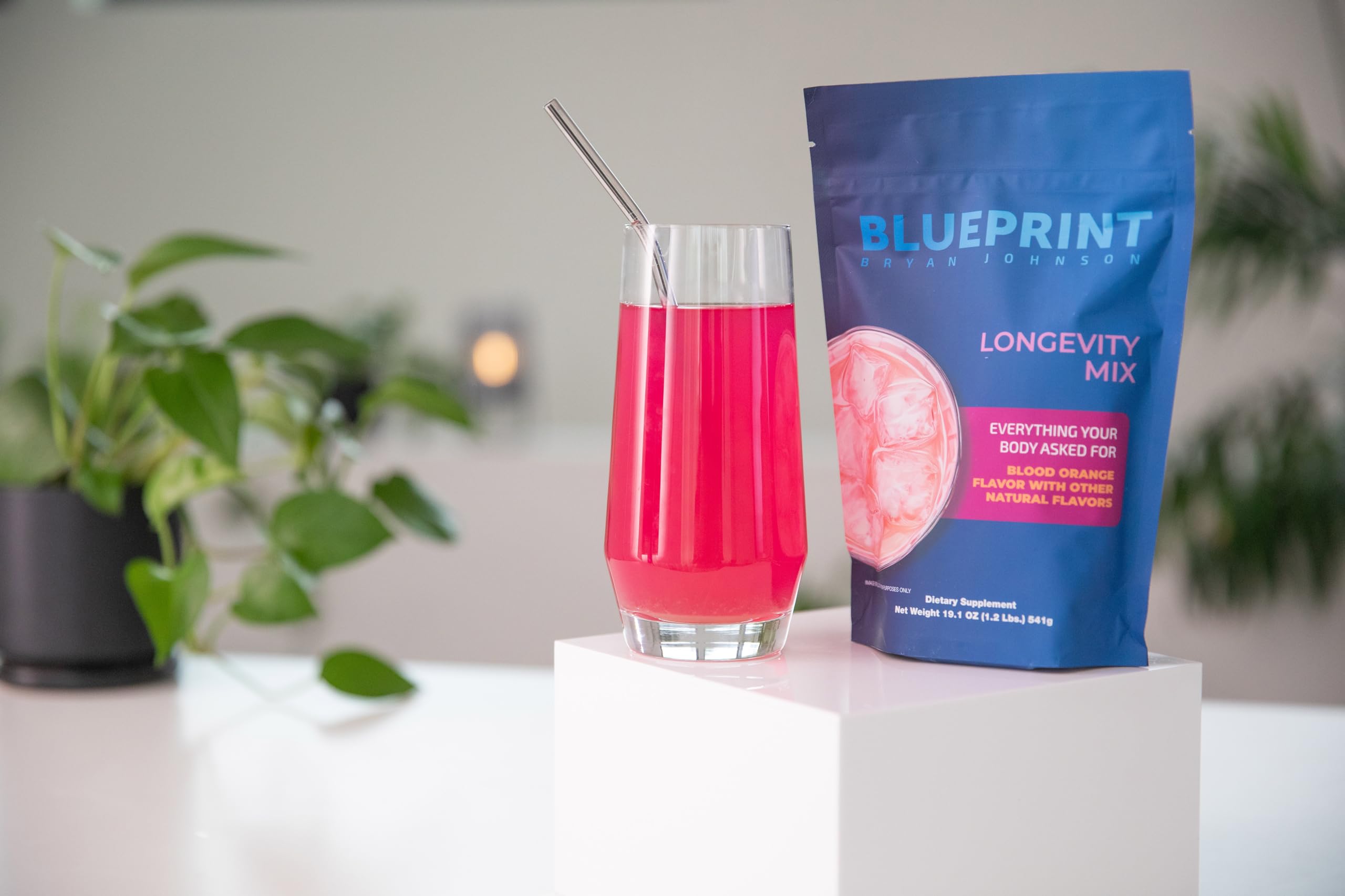 Blueprint Bryan Johnson Longevity Mix - Muscle Builder & Recovery Supplement - Promotes Focus and Balanced Mood - Magnesium, Creatine, L-Theanine, Glutathione & Vitamin C- 30 Servings, Blood Orange
