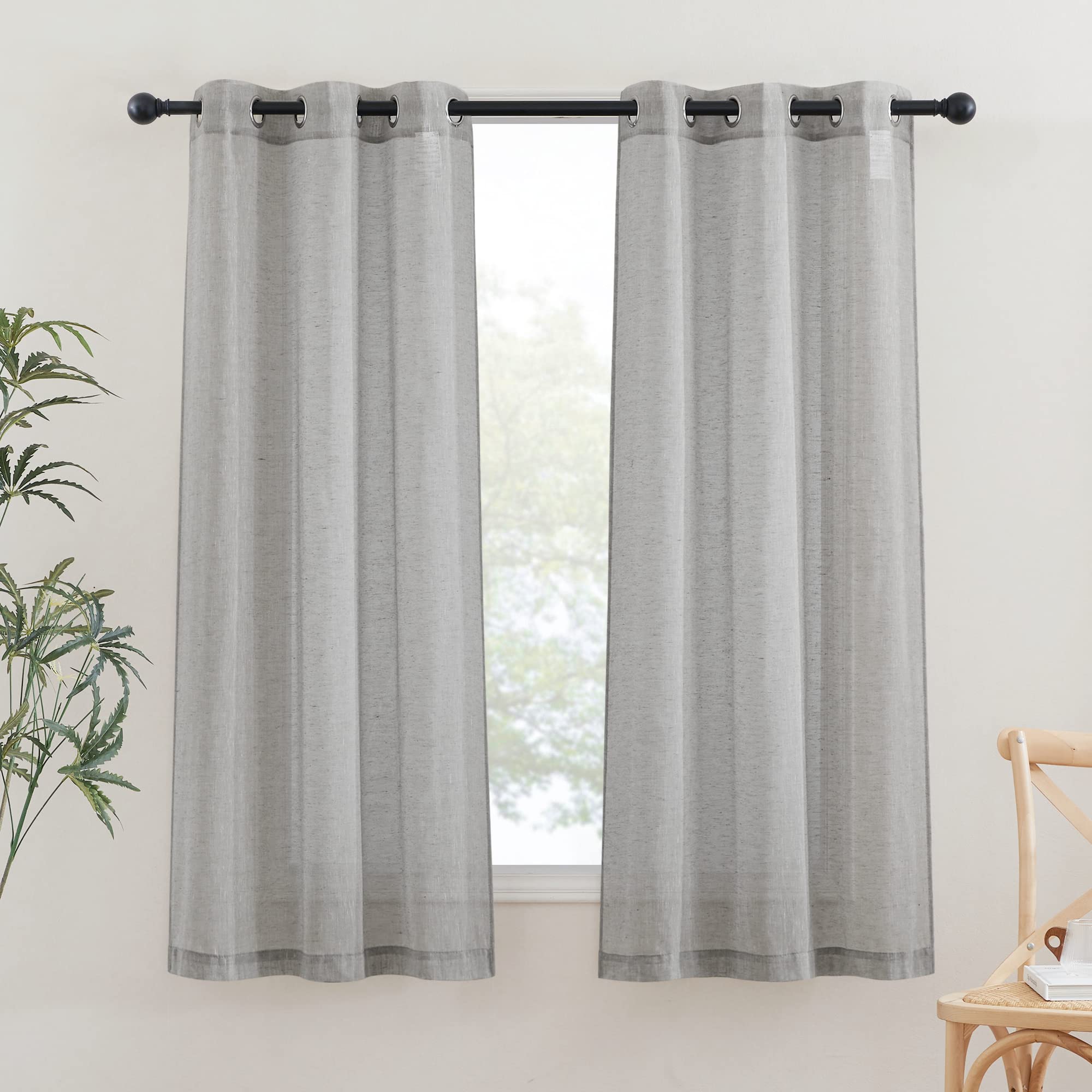 NICETOWN Grey Linen Curtains 63 inch Length 2 Panels, Grommet Flax Semi Sheer Linen Blend Curtains & Drapes Privacy with Light Filtering Window Drapes for Bedroom, W36 x L63, 2 Pieces