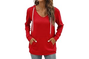 Saloogoe Kangaroo Pocket Hoodies for Womens V Neck Lightweight Sweatshirts Long Sleeve Tops