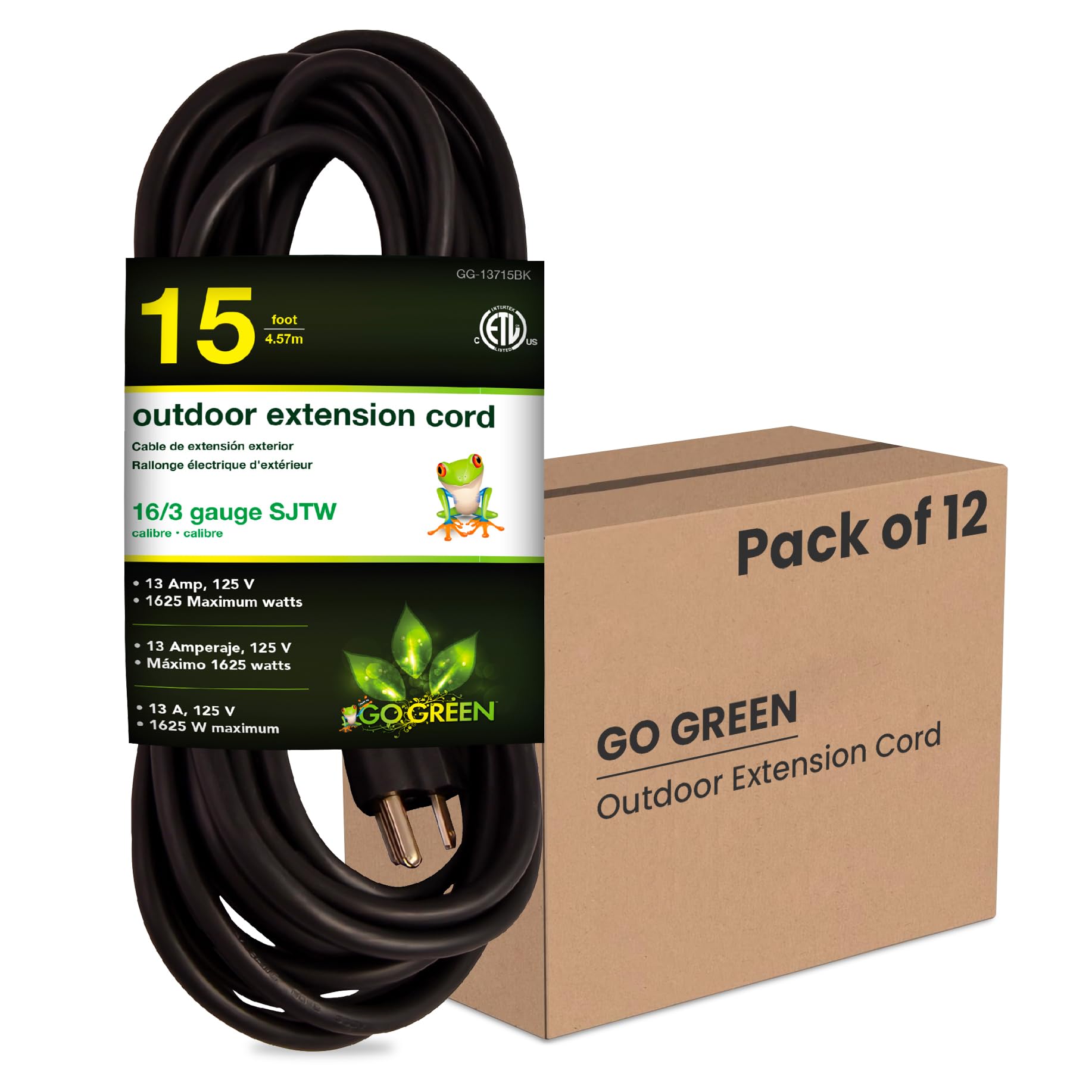 Go Green Power Inc. (GG-13715BK-M) 16/3 SJTW Outdoor Extension Cord, Black, 15 ft, 12 Pack