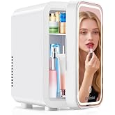 Enventor Mini Fridge, 6L/8Can Skincare Fridge, Small Fridge for Bedroom | with Dimmable LED Mirror, AC/DC Power, for Skincare Beauty &amp; Makeup and 8 &times; 330 ml cans, Cooler &amp; Warmer, Low Noise, White