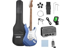 LEKATO Electric Guitar 39 Inch Beginner Electric Guitar Kit Full Size Solid Body Guitar HSS for Starter with 5w Mini Amp, Bag, Tuner, Capo, Shoulder Strap, Picks, String, String Winder&Cutter - Blue