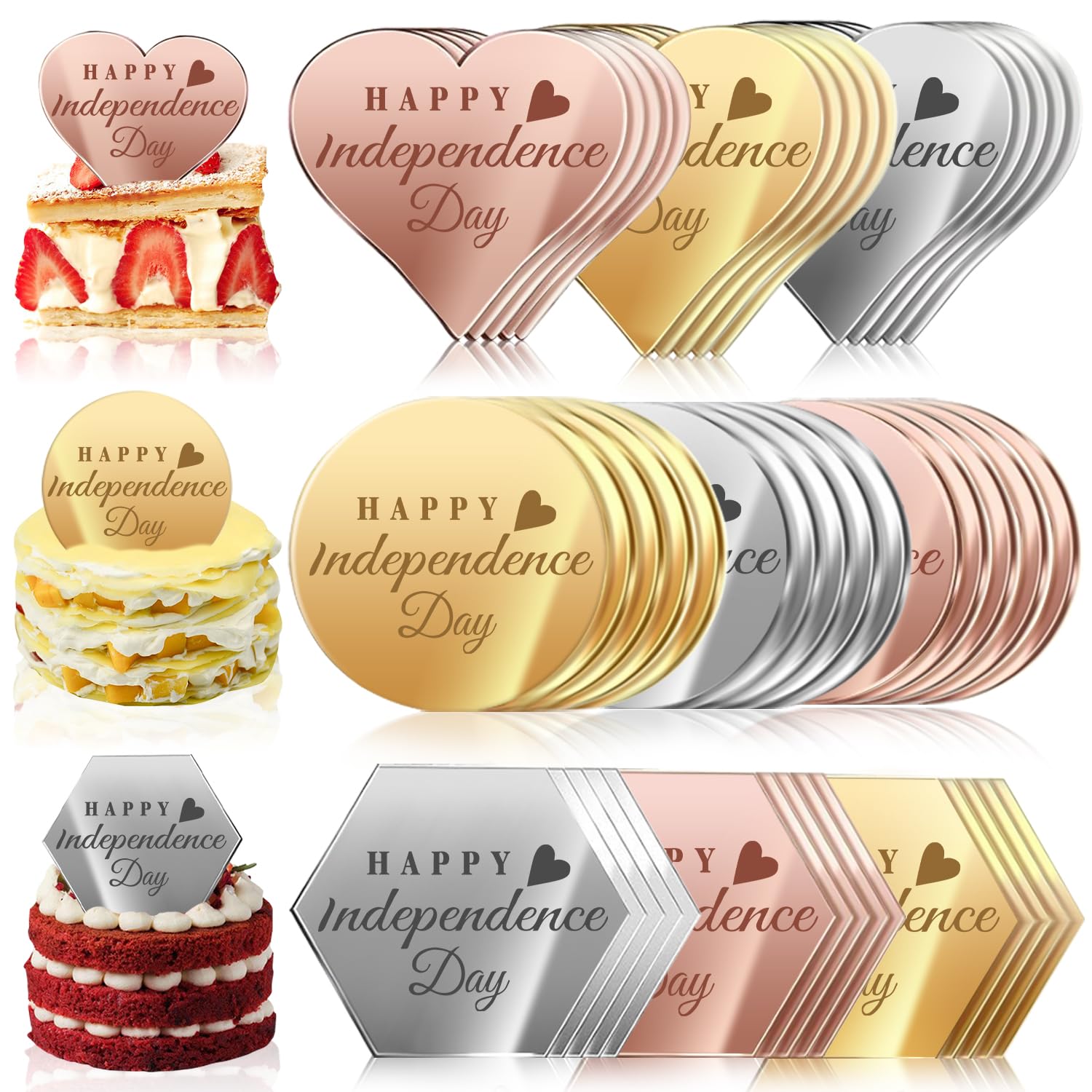 Photo 1 of 45PCS Happy 4th of July Cake Toppers, Mirror Acrylic Cupcake Toppers 3 Multi-shape & 3 Different Color Custom Cupcake Picks for 4th of July Party Decorations