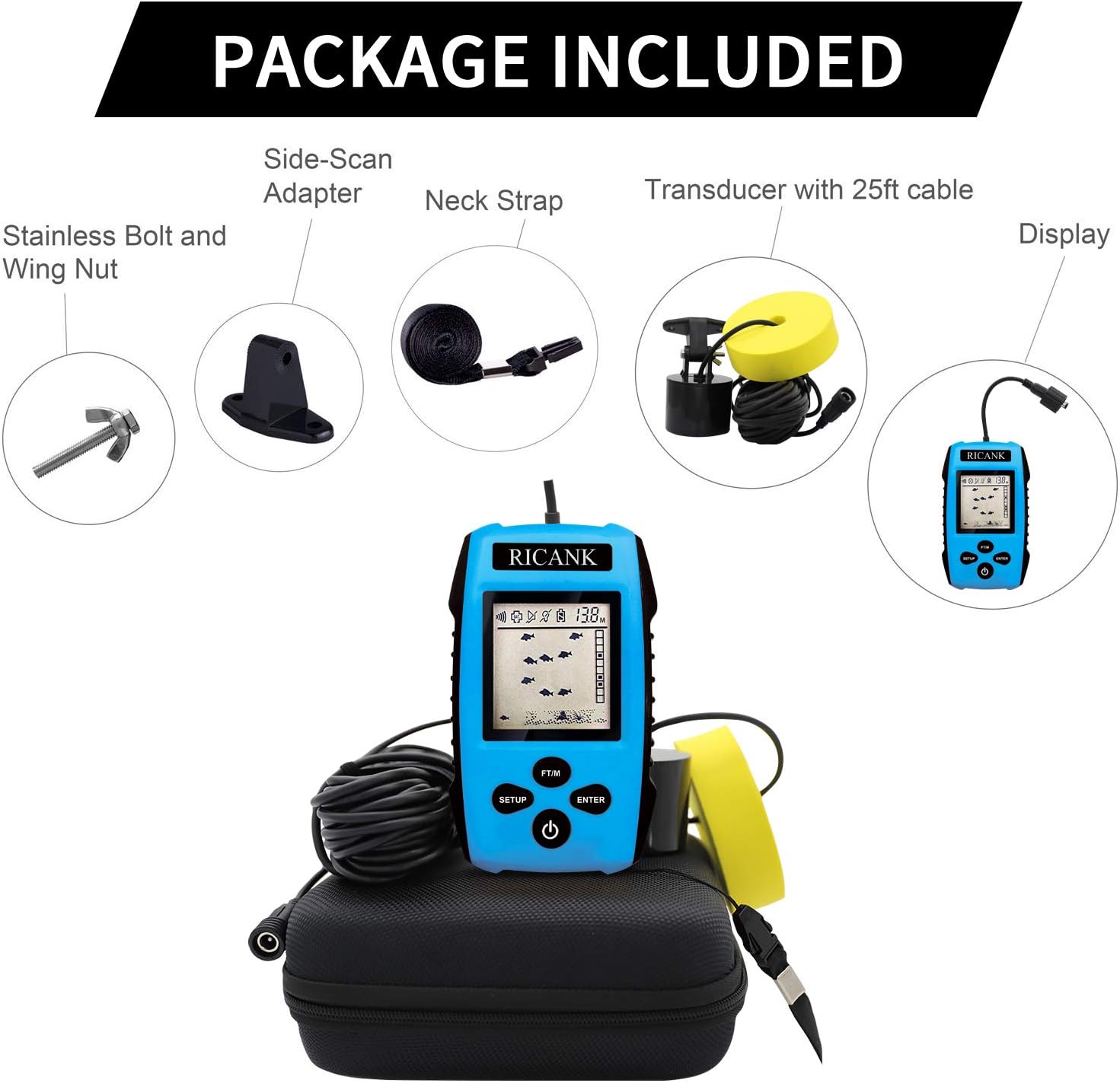 RICANK Portable Fish Finder with Hard Travel Case, Contour Readout Handheld Fishfinder Depth with Sonar Sensor Transducer and LCD Display Sensitivity Options Fish Depth Finder with Fishfinders Case: GPS & Navigation