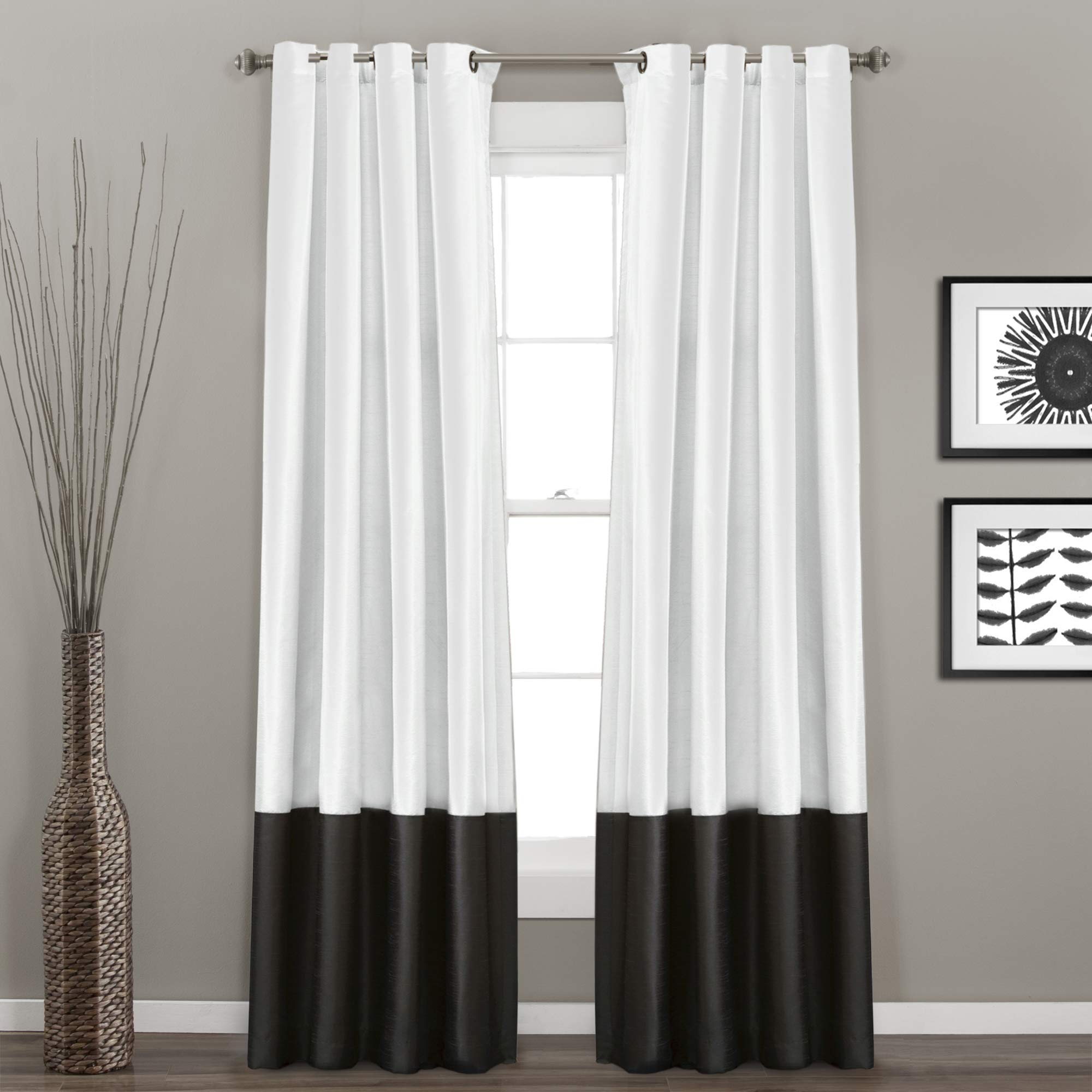 Lush Decor Prima Light Filtering Window Curtain Panels Pair 54" W x 108" L Black & White - Long Curtains for Bedroom - White Living Room Curtains Image