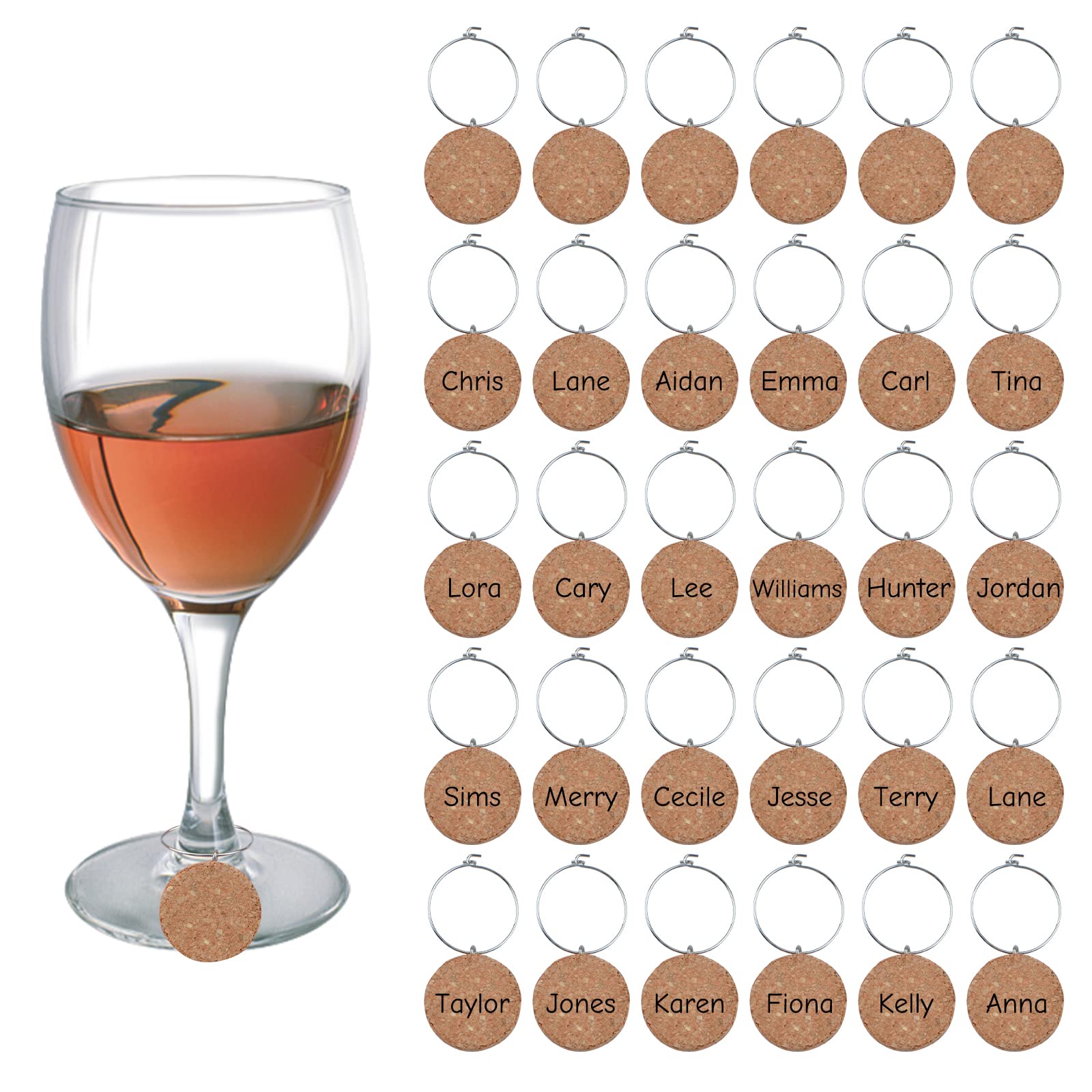 URROMA Blank Cork Wine Glass Charms 30 Pcs Wedding Wine Charms Personalized Drink Identifiers Wine Accessories Wine Glass Markers for Party Favors