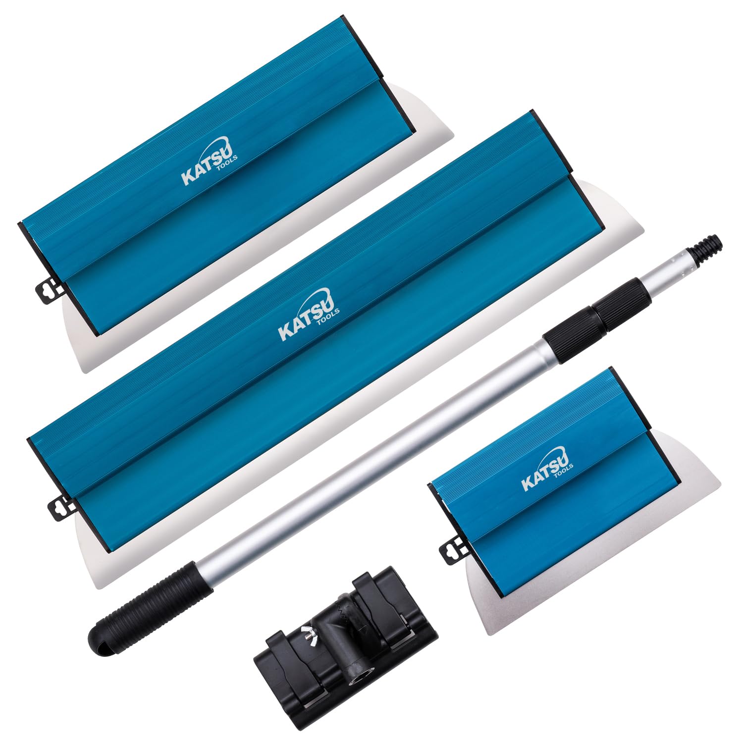 KATSU Tools Drywall Skimming Blade Set, 25+40+60cm Stainless Steel Blades + Aluminum Extension Pole + Adjustable Angle Holder, Skimming Spatula Board Wall Ceiling Plastering Smoothing Tools