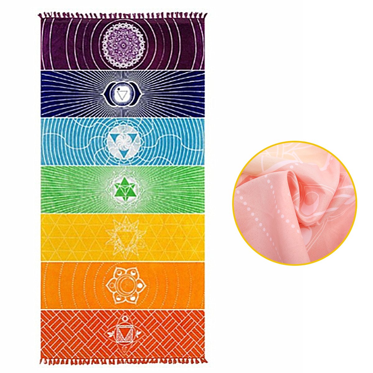 Jeteven Regenbogen Strandtuch boho Yoga 7 Chakras Teppich Handtuch Tapisserie Badetuch Zigeuner Sonnenschutz Schal 150*75cm bunt (A)