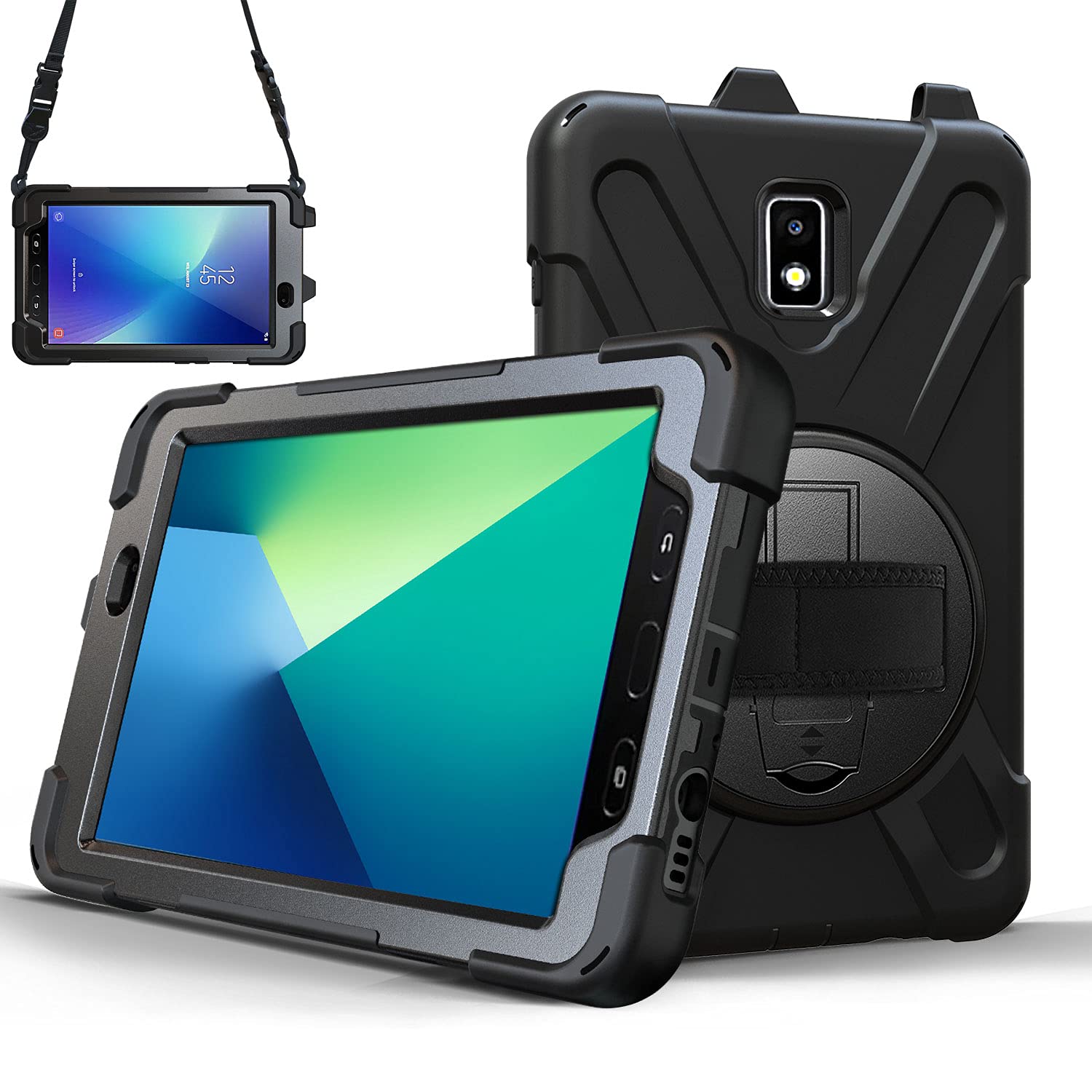 TECHGEAR X-Case fits Samsung Galaxy Tab Active 2 8.0" (SM-T390 / SM-T395) Tough Rugged HEAVY DUTY Armour Shockproof Impact Case with 360 Rotating Stand, Hand Strap and Shoulder Strap - Black