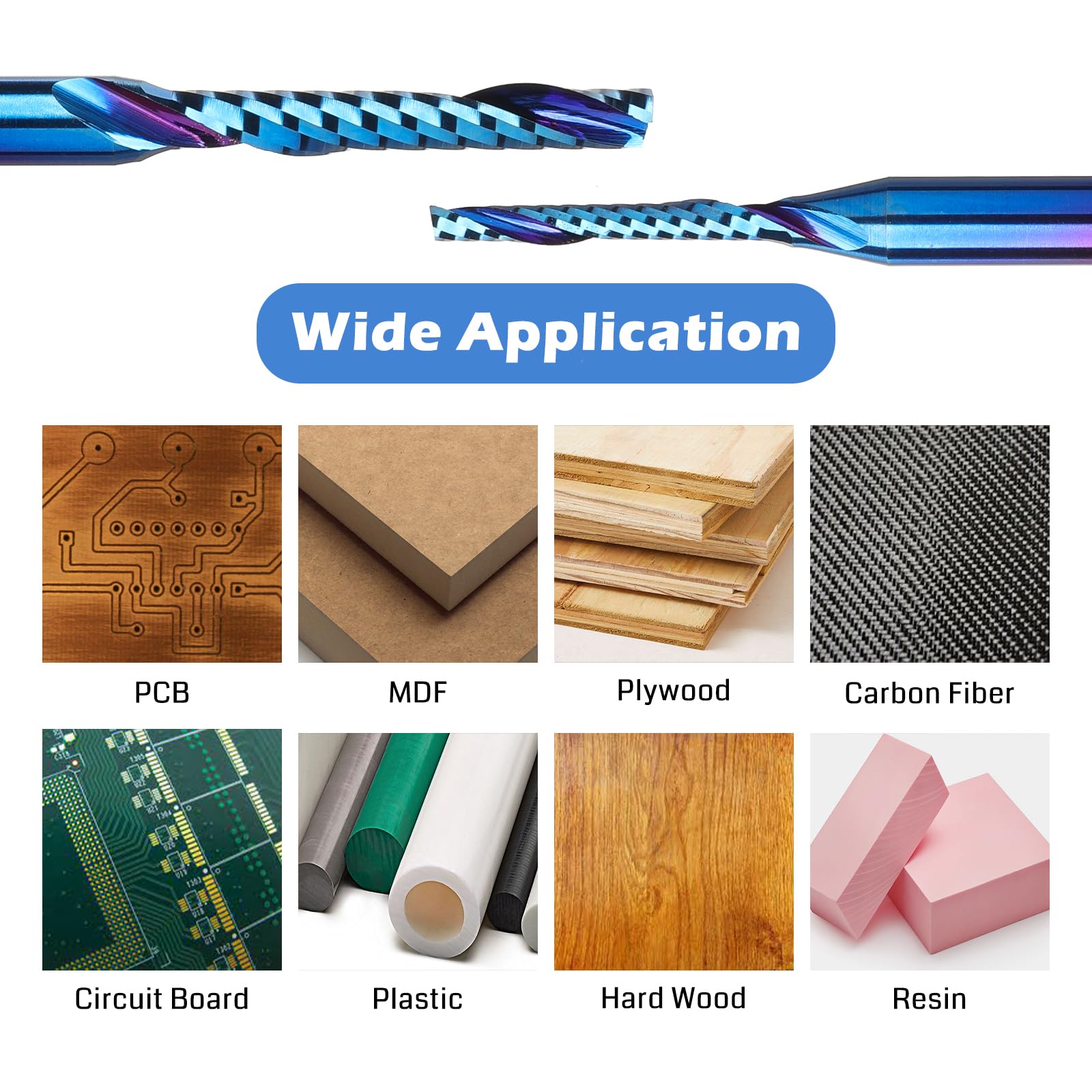 1/8 Inch Shank 10pcs Carbide Spiral O Flute (Single Flute) End Mill CNC Router Bits, Solid Nano Blue Coat, for Woodworking Cutting Carving Wood Acrylic PVC PCB MDF, OS10A