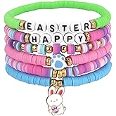 BOXOB 6pcs Easter Bracelets for Women, 6 Style Colourful Easter Clay Bead Bracelets Elastic Stackable Easter Friendship Bracelets Heishi Surfer Bracelets for Holiday Gift