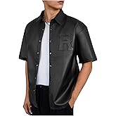 SHENHE Men's PU Leather Button Down Short Sleeve Shirt Collared Dressy Fashion Top Streetwear