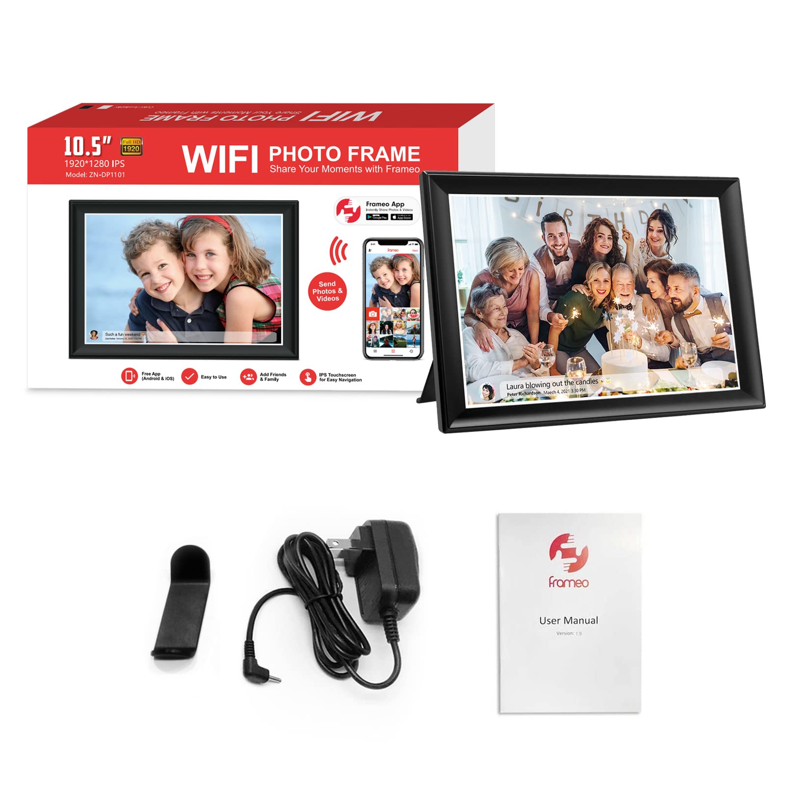 64GB FRAMEO 10.5 Inch Smart WiFi Digital Photo Frame 1920x1280 FHD IPS LCD Touch Screen, Auto-Rotate, 64GB Storage, Support SD Card & USB Drive, Share Moments Instantly via Frameo App from Anywhere