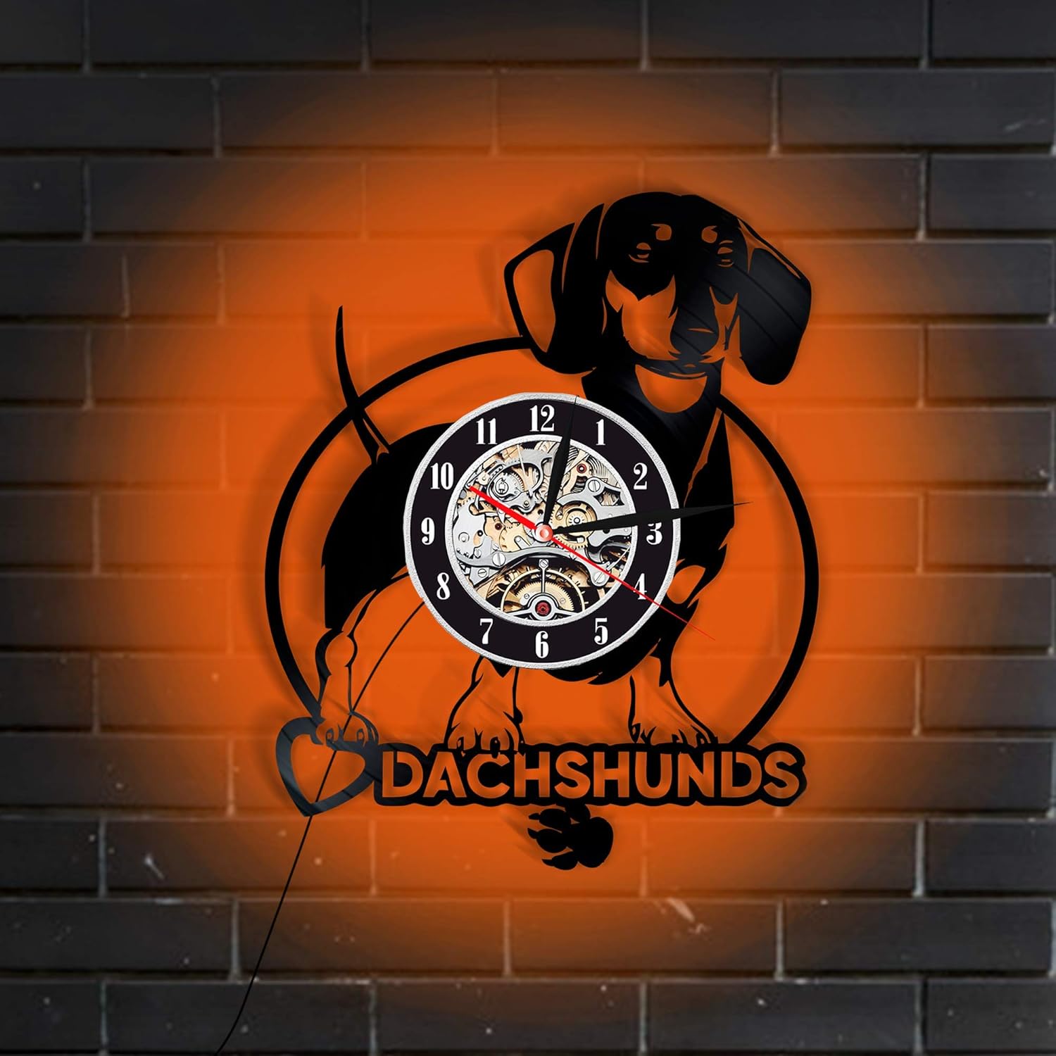Levescale - Daschund Lighted Vinyl Wall Clock - Express Shipping for Boy, Girl, Man Or Woman, Decoration for Kids Room - Sausage Dog, Dackel, Teckel, Wiener Dog, Dash-Hound (Orange)