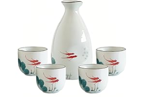 Sake Set Japanese Gifts 5 Pieces Traditional Japanese Sake Cup Set 4 Ochoko Cups +1 Tokkuri Bottle Hand Painted Design Porcel