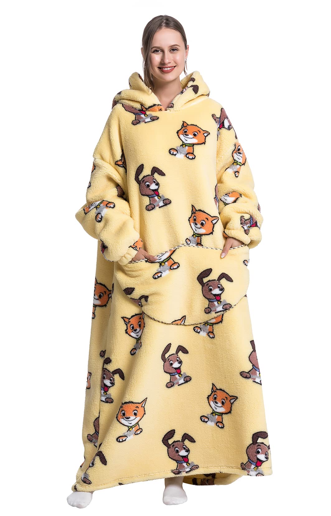 Seogva Extra Long Wearable Blanket Hoodie, Oversized Sweatshirt for Women and Men, Super Warm Cozy Giant Hooded, Thick Flannel with Sleeves Pocket (Kitty & Puppy)