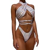 JUMISEE Women's Neon Shiny Hologram Strappy Bikini Sexy Halter Wrap Around Swimwear Thong Bathing Suit for Rave Party