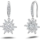 Snowflake Earrings 925 Sterling Silver CZ Flower Dangle Drop Earrings for Women Elegant Dainty Shiny CZ Dangling Fish Hook Earrings Hypoallergenic Jewelry Gifts for Birthday Christmas Wedding