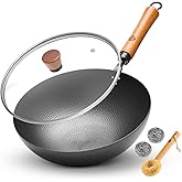 WANGYUANJI Carbon Steel Wok Pan 11 Inch - Round Bottom Traditional Pow Wok (Requires Gas Stove & Wok Ring) - No Coating Hand Hammered Stir Fry Pan with Lid & Detachable Handle
