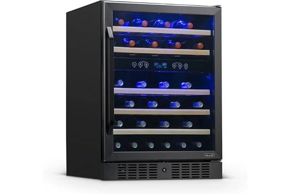 NewAir 24" Dual Zone Wine Fridge for 46 Bottles | Built-In or Freestanding Wine Cooler Refrigerator with Glass Door | Quiet Cooling & Adjustable Shelves for Red and White Wine | Black Stainless Steel