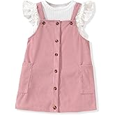 HINTINA 2-7 Years Toddler Girl Butterfly Sleeve Tee Corduroy Button Down Overall Dress Set