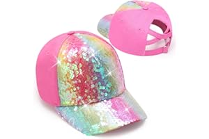 BROMZ Girls Glitter Baseball Cap Kids Ponytail Hat Adjustable Summer Mesh Trucker Hats for 4-12 Years