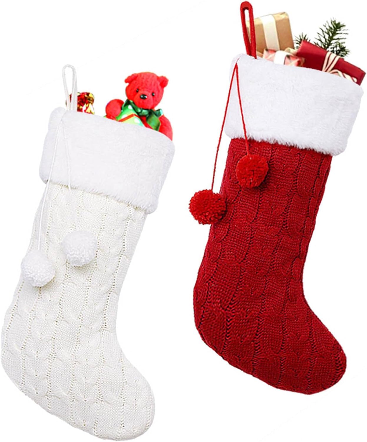 Stockings & Holders - OurWarm 2pcs Knit Christmas Stockings, 18 Inch Large Rustic Cable Knit Christmas Stockings with Pom Pom for Christmas Decorations (Cream and Burgundy)