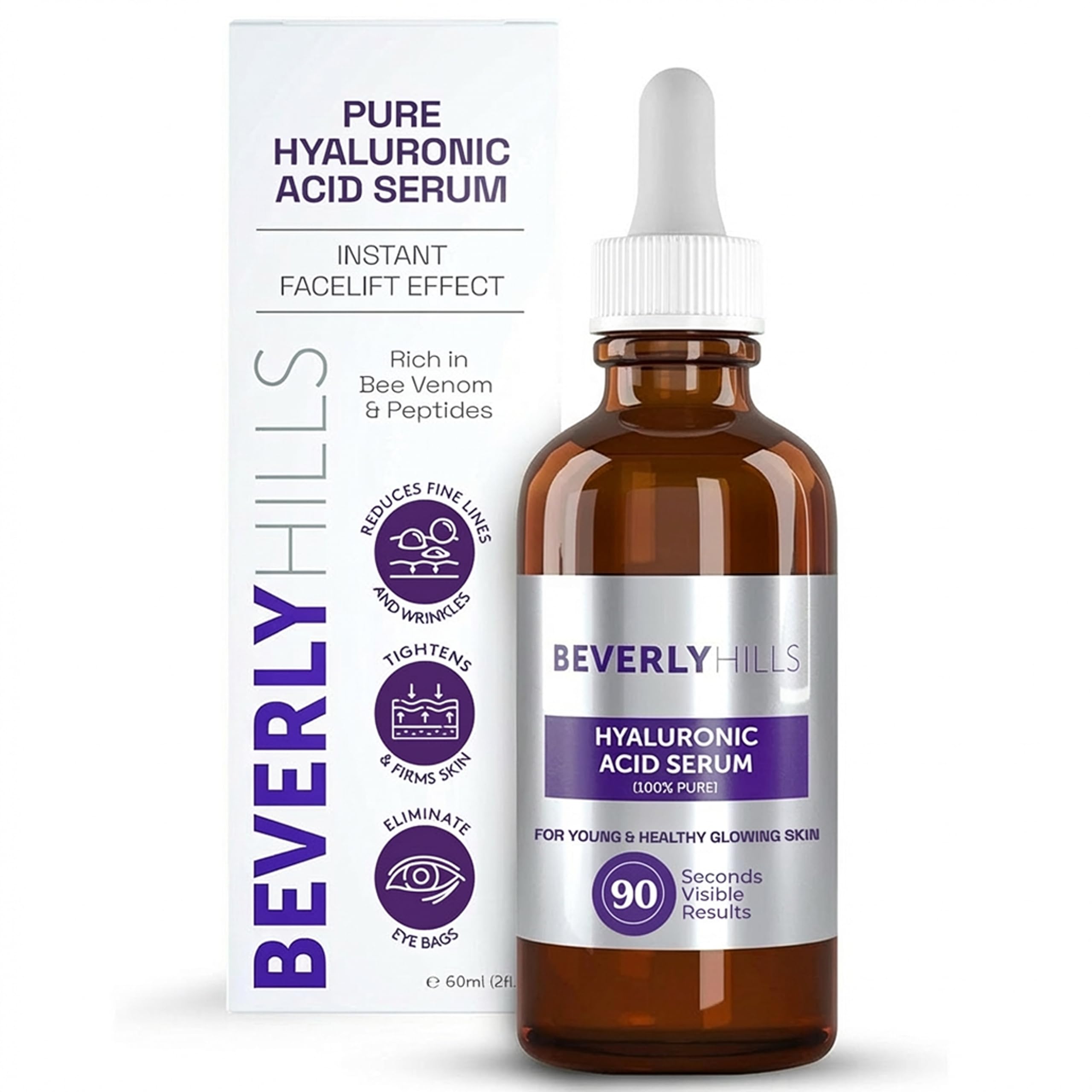BEVERLY HILLS Hyaluronic Acid Face Serum | Pure Hyaluronic Acid for Anti-Wrinkle, Anti-Aging, Hydration | Fast Absorbing, Fragrance Free, Hydrating Serum for All Skin Types | 60ml