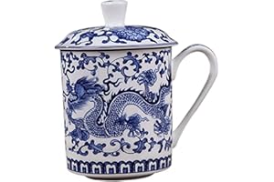 Chinese Tea Cups, 500ml Large Capacity Ceramic Blue and White Tea Mug with Lid and Handle for Loose Leaf Home Office