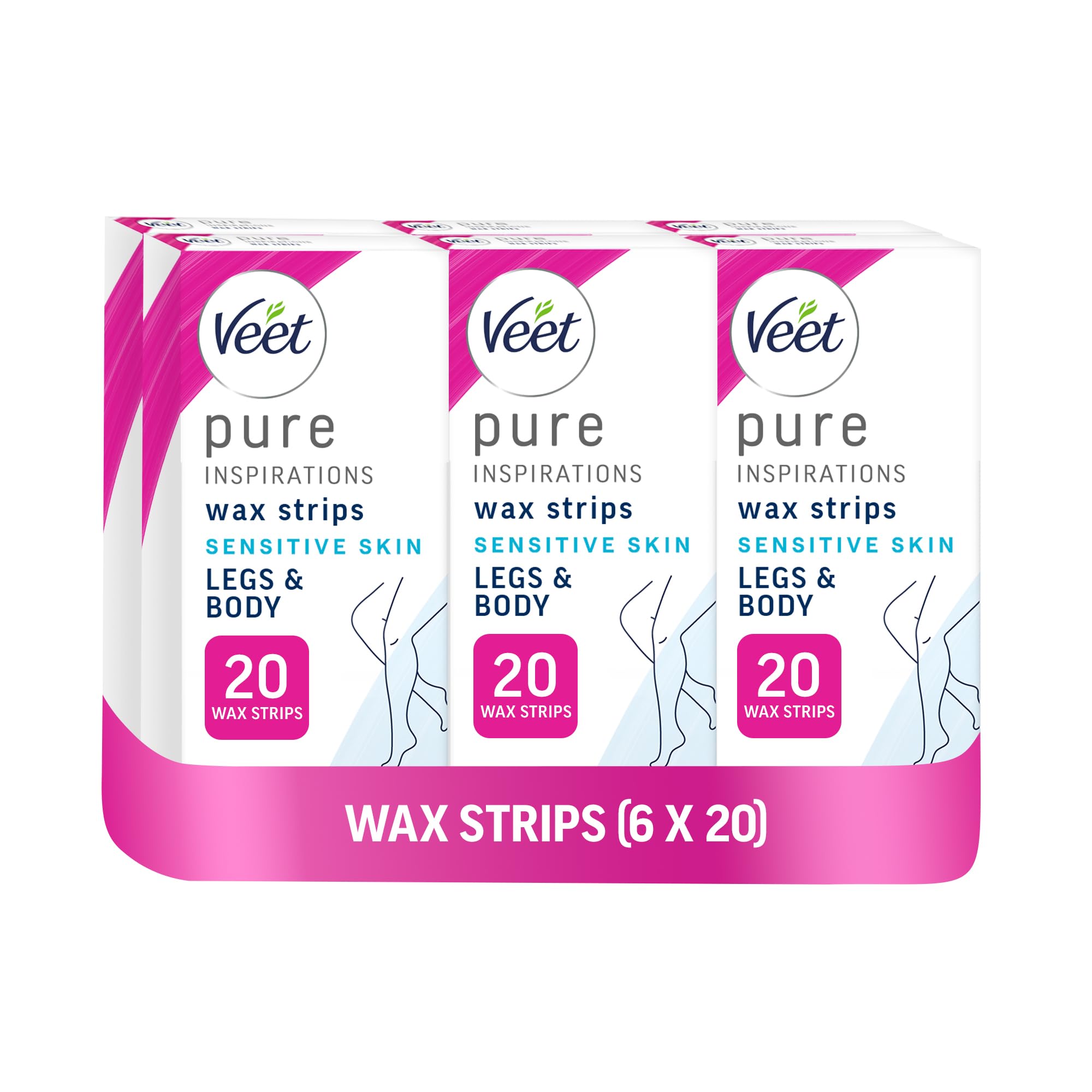 Veet Pure Inspirations Cold Wax Strips, Sensitive Skin, 6 Packs of 20 (Total 120), Multipack for Smooth Body & Legs, Packaging May Vary