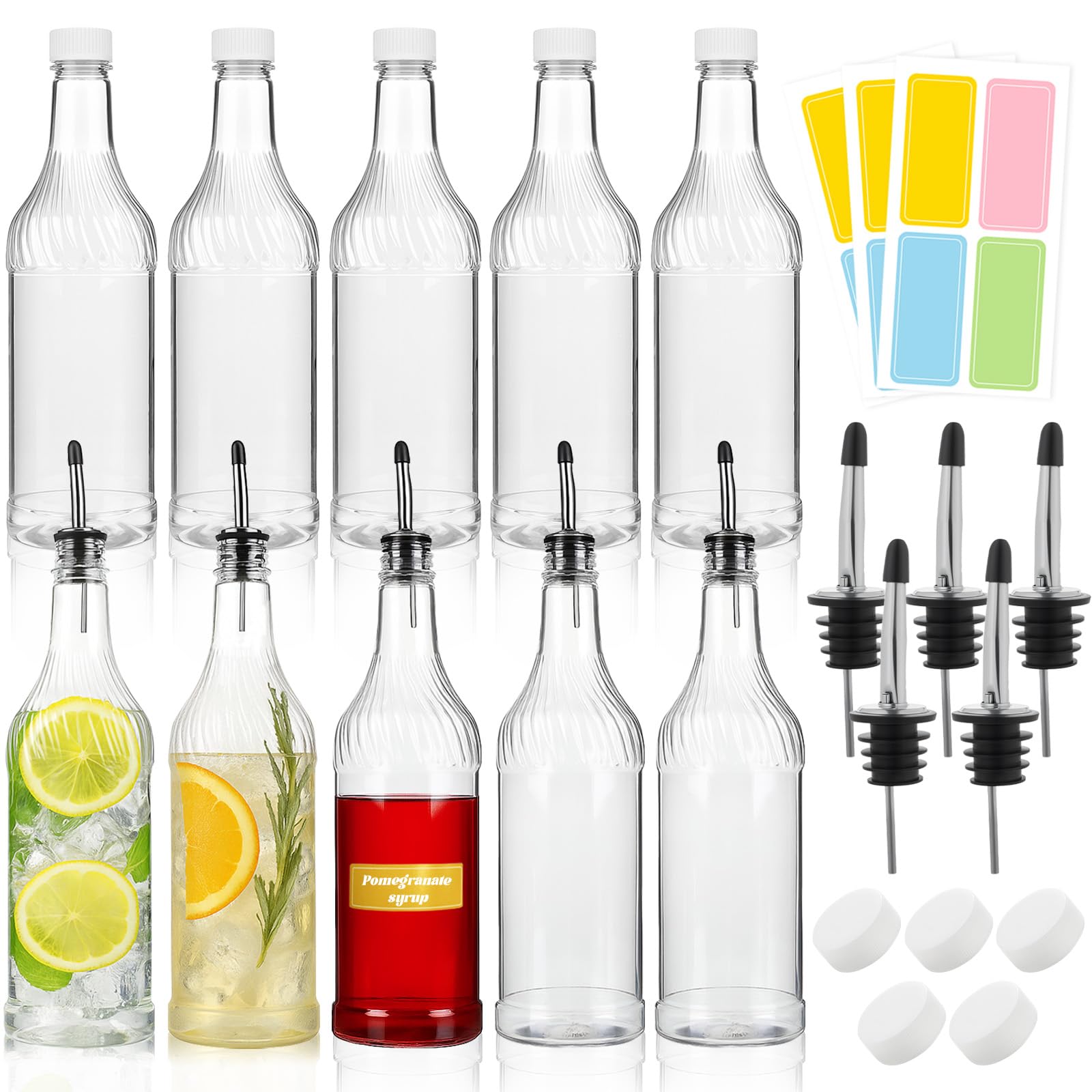 Photo 1 of 20 Pcs 32 oz Plastic Liquor Bottles Long Neck Bar Juice Pour Bottles with Liquor Pour Spout and Caps Snow Cone Syrup Bottles for Juice Alcohol