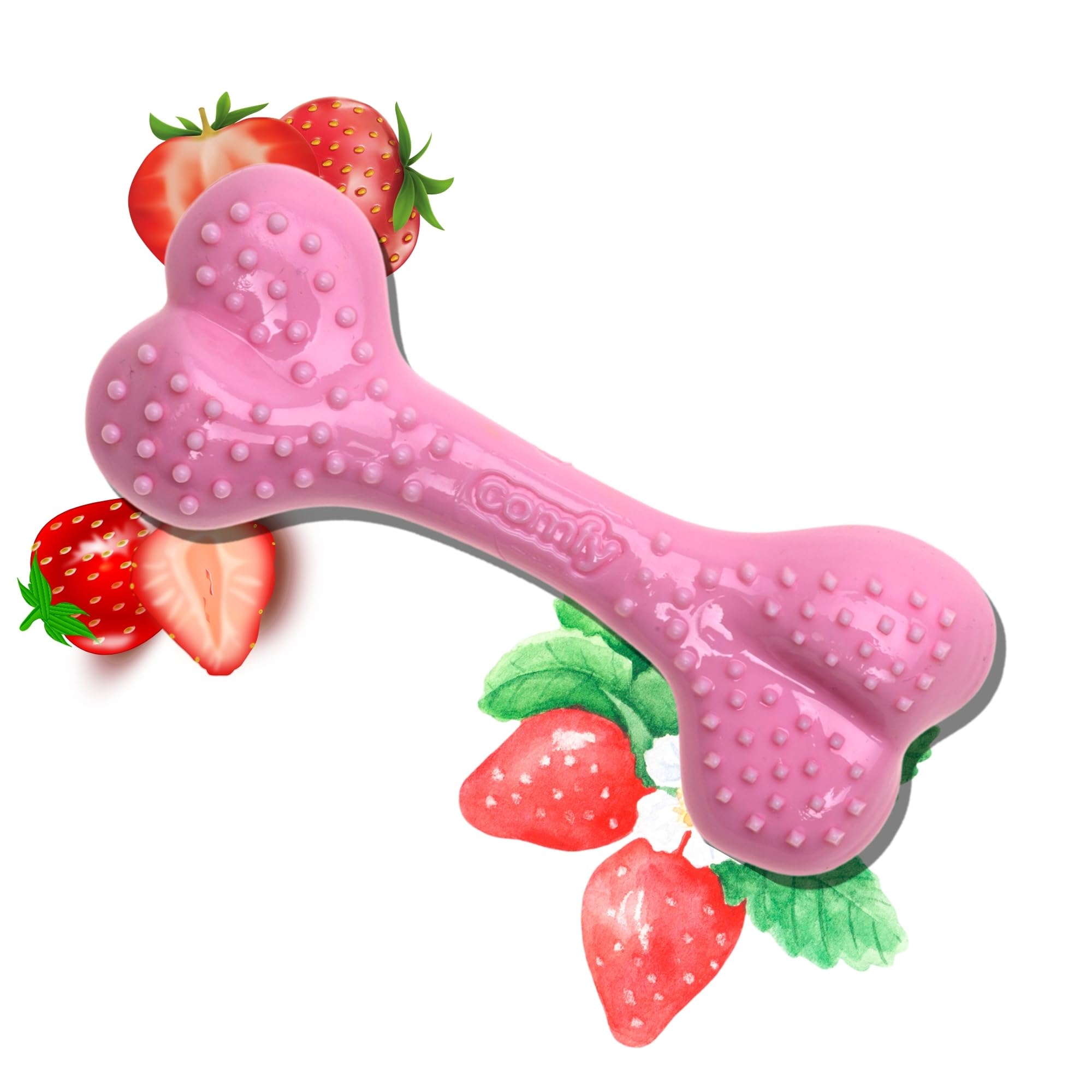 COMFY Sensory Dental Bone Dog Chew Toy, Strawberry scented, Colourful bone 16.5cm, For Dogs puppies for playtime and fun, Super Durable, Long Lasting, Floats, Dog Toy for Aggressive chewers