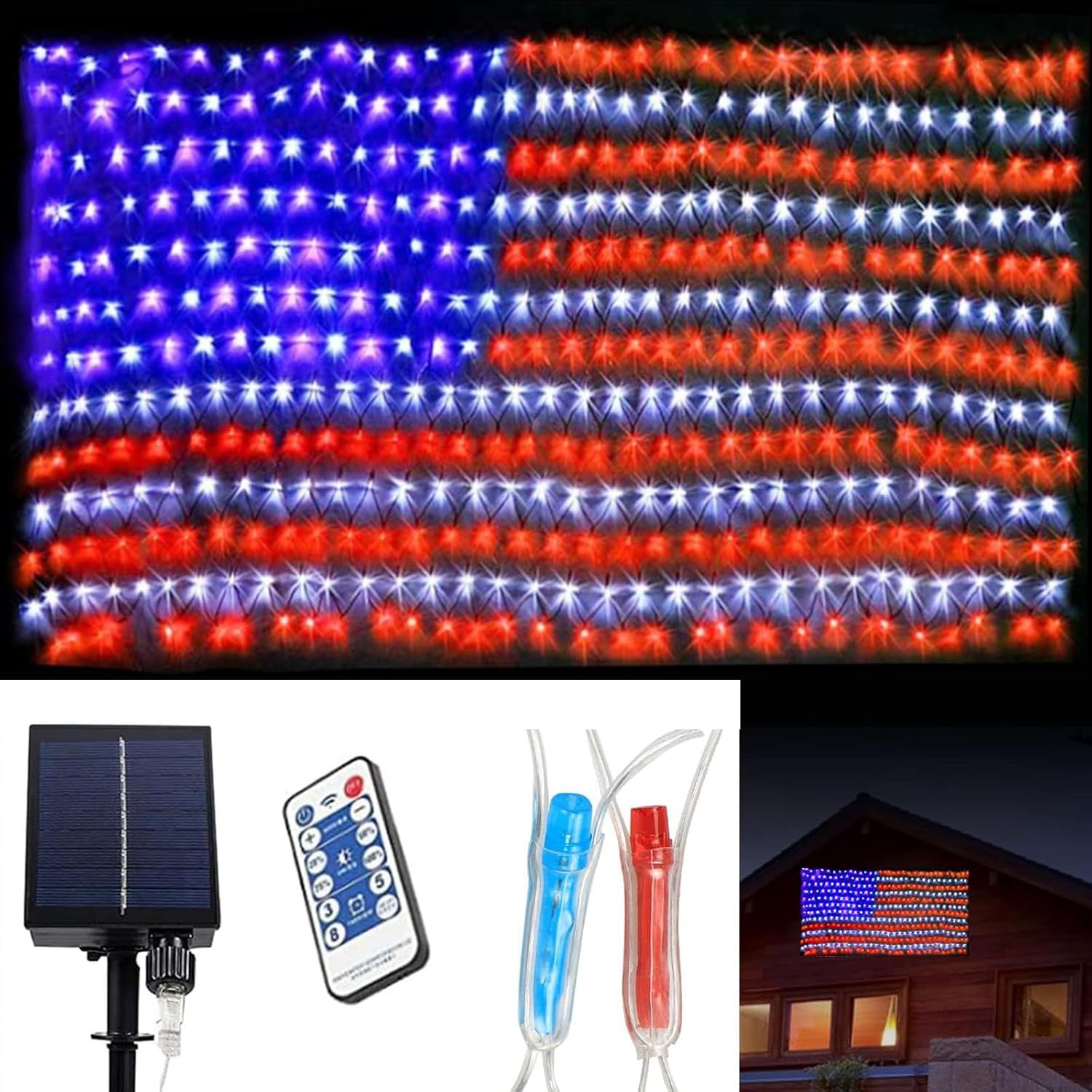Photo 1 of PUHONG (Upgraded) Solar American Flag Lights, 2-in-1 Solar Powered Flag Net Lights, 420 LED 8 Modes Waterproof with Remote Control for Independence Day, Memorial Day, Garden, 4th of July Decorations