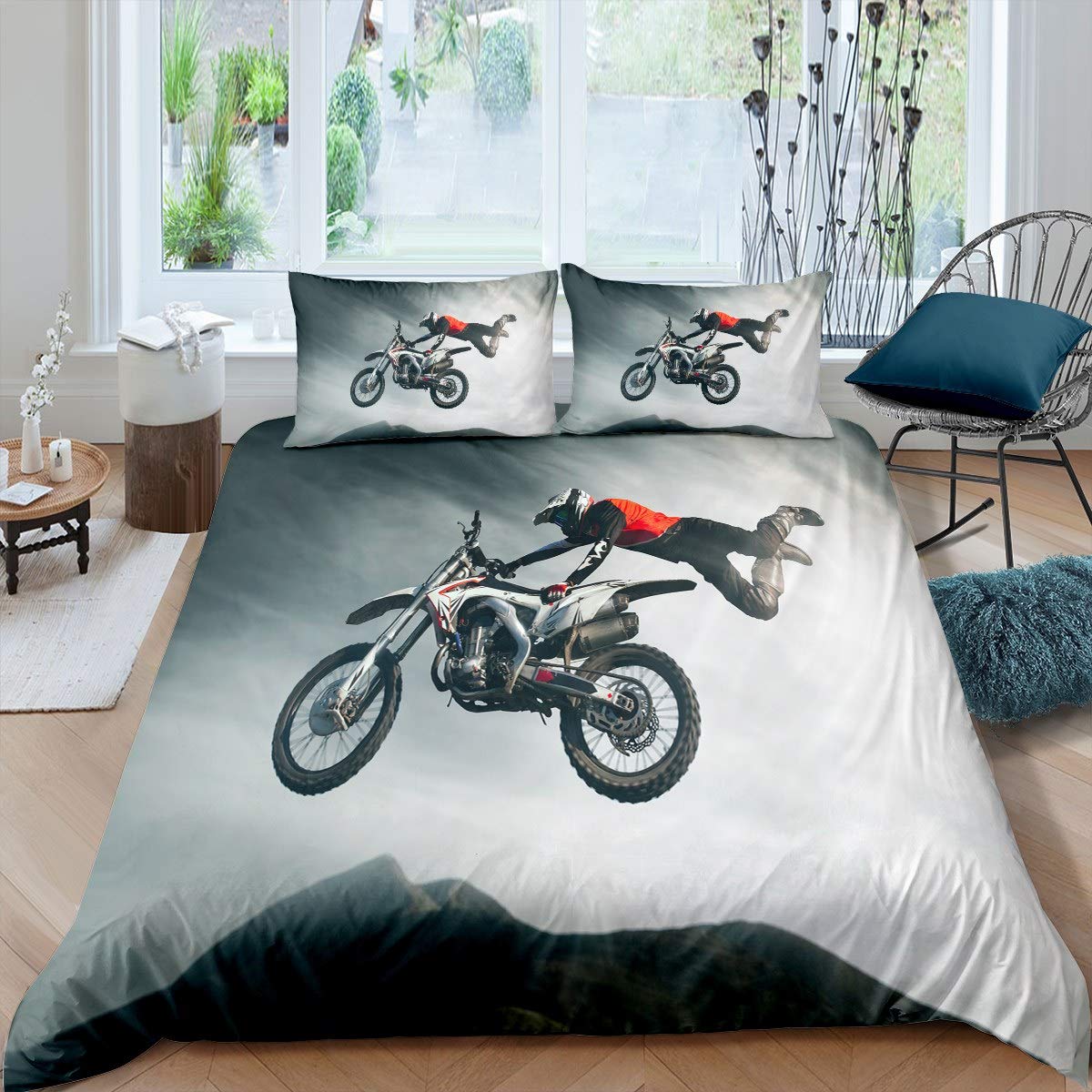 Motocross Rider Duvet Cover Extreme Sports Theme Bedding Set For Kids Boys Men Children Motorcycle Design Comforter Cover Dirt Bike Motorbike Bedclothes Room Decor Bedspread Cover Double Size — image 1