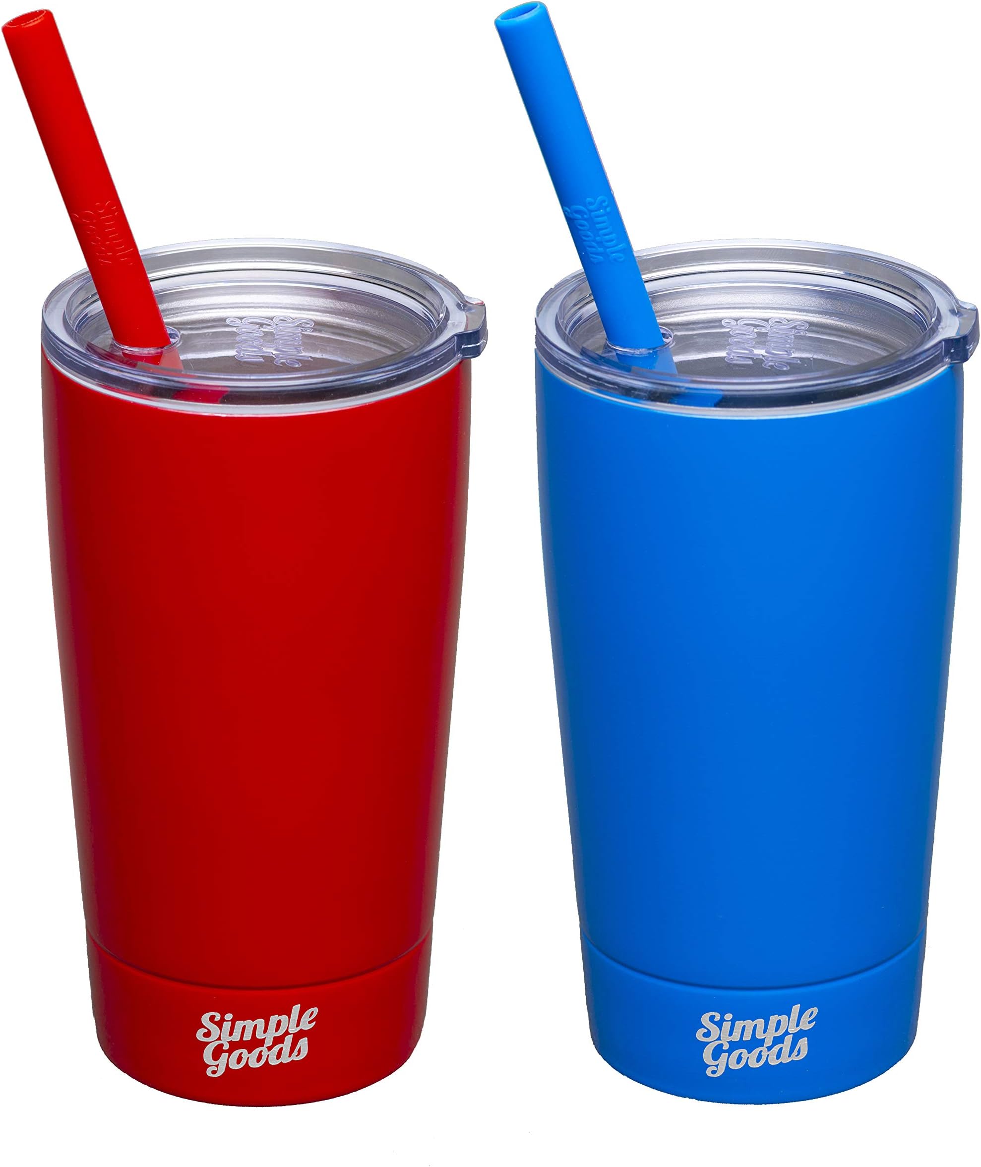 Simple Goods 2 Pack Kids Stainless Steel Sippy Cup Tumbler with Straw, Lid & Bag (Midi, 12 oz, Red/Blue 2 Pack)