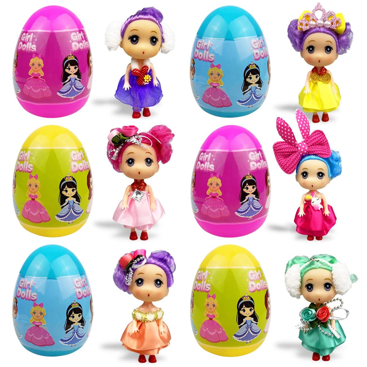 JoFAN 6 Pack Prefilled Jumbo Easter Eggs with Girl Doll Toys Inside for Kids Girls Boys Easter Basket Stuffers Gifts Party Favors