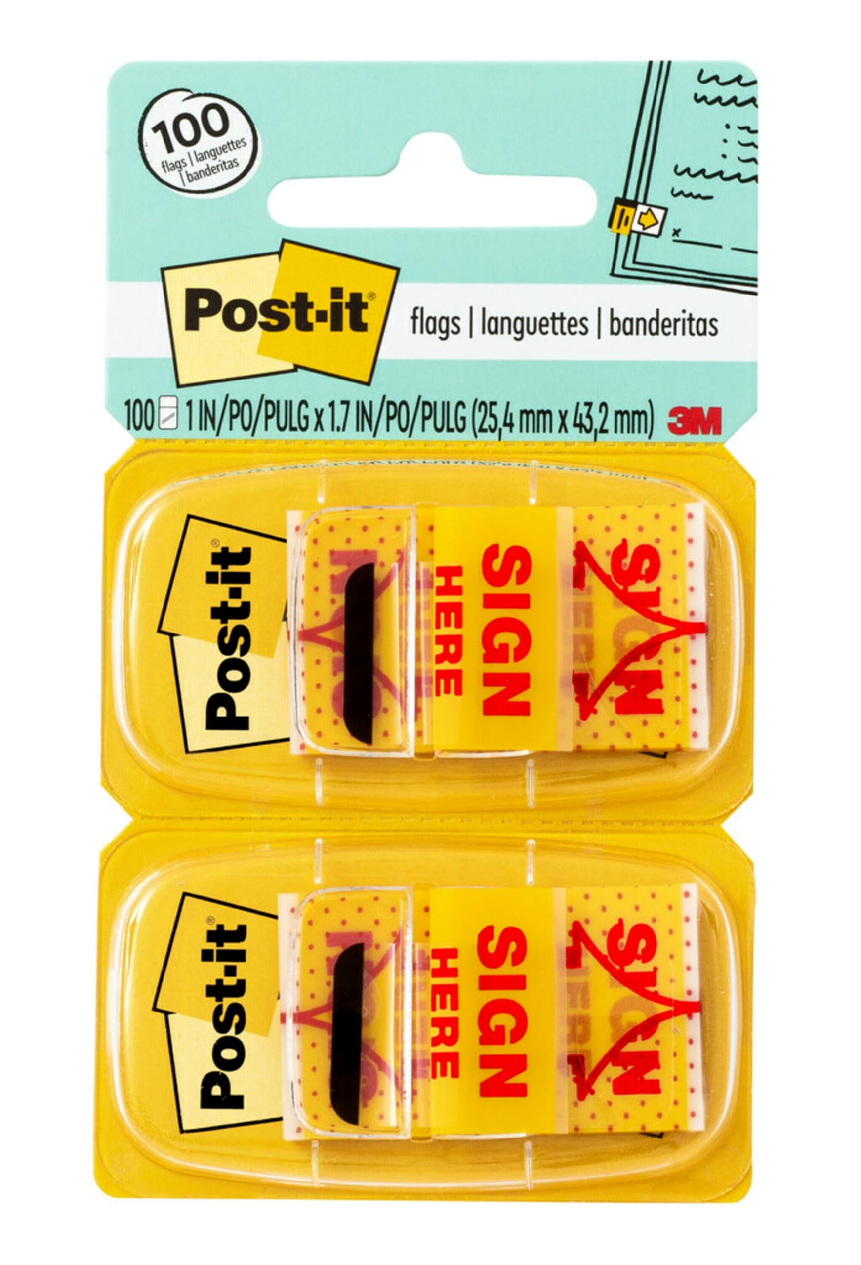 Post-it Message Flags, Sign Here", Yellow, 1 in. Wide, 50/Dispenser, 2 Dispensers/Pack, (680-SH2)