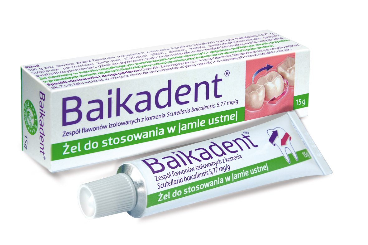 BAIKADENT - 15 G -gel - is a gel for application to gums in case of periodontal diseases. Indications for application: in supportive treatment of superficial and deep periodontopathies in prophylaxis of periodontal diseases in chronic inflammatory states of mouth mucosa (also those caused by dentures)