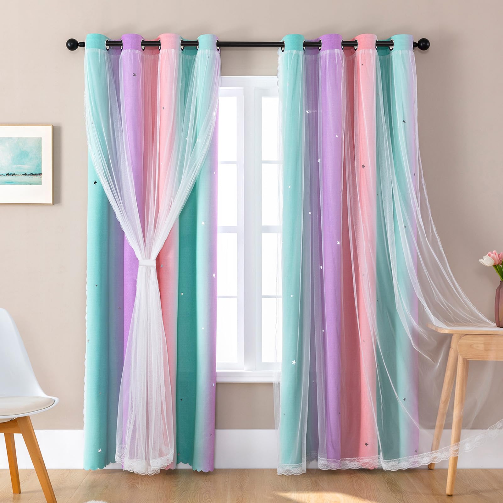 XiDi Kids Curtains 84 Inch Drop with Sheer for Window Treatment Room Darkening Colorful Star Cutout Curtains Noise Reduction Dormitory Decoration 34 Inch Wide Pink Purple Green,2 Panels