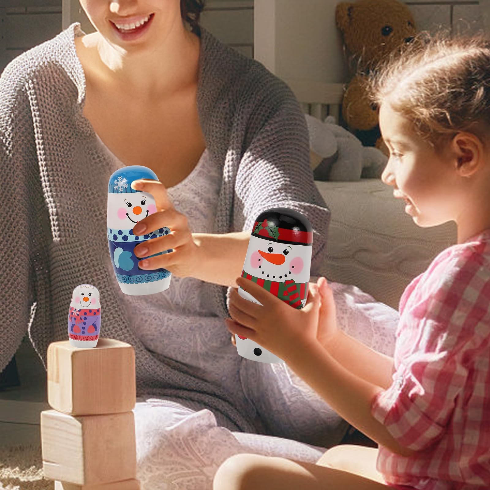 MAGICLULU 5PCS Christmas Russian Dolls Snowmen Matryoshka Wood Stacking Dolls Handmade Nesting Dolls for Birthday Home Decoration (Snowman Family)