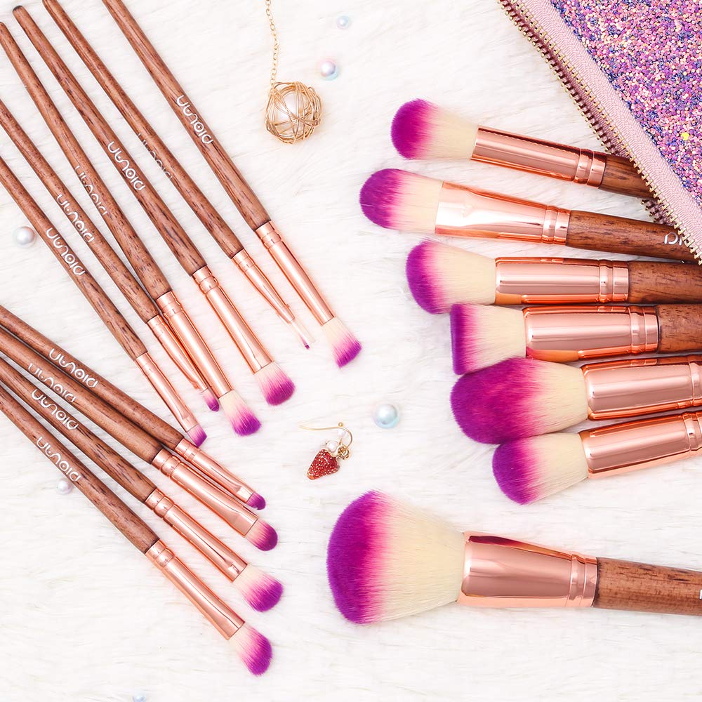 Makeup Brush Set, Diolan 17PCs Professional Makeup Brushes for Foundation Blending Blush Concealer Eye Shadow, Synthetic Fiber Bristles & Wooden Handle, Travel Makeup Bag Included, Glitter Purple