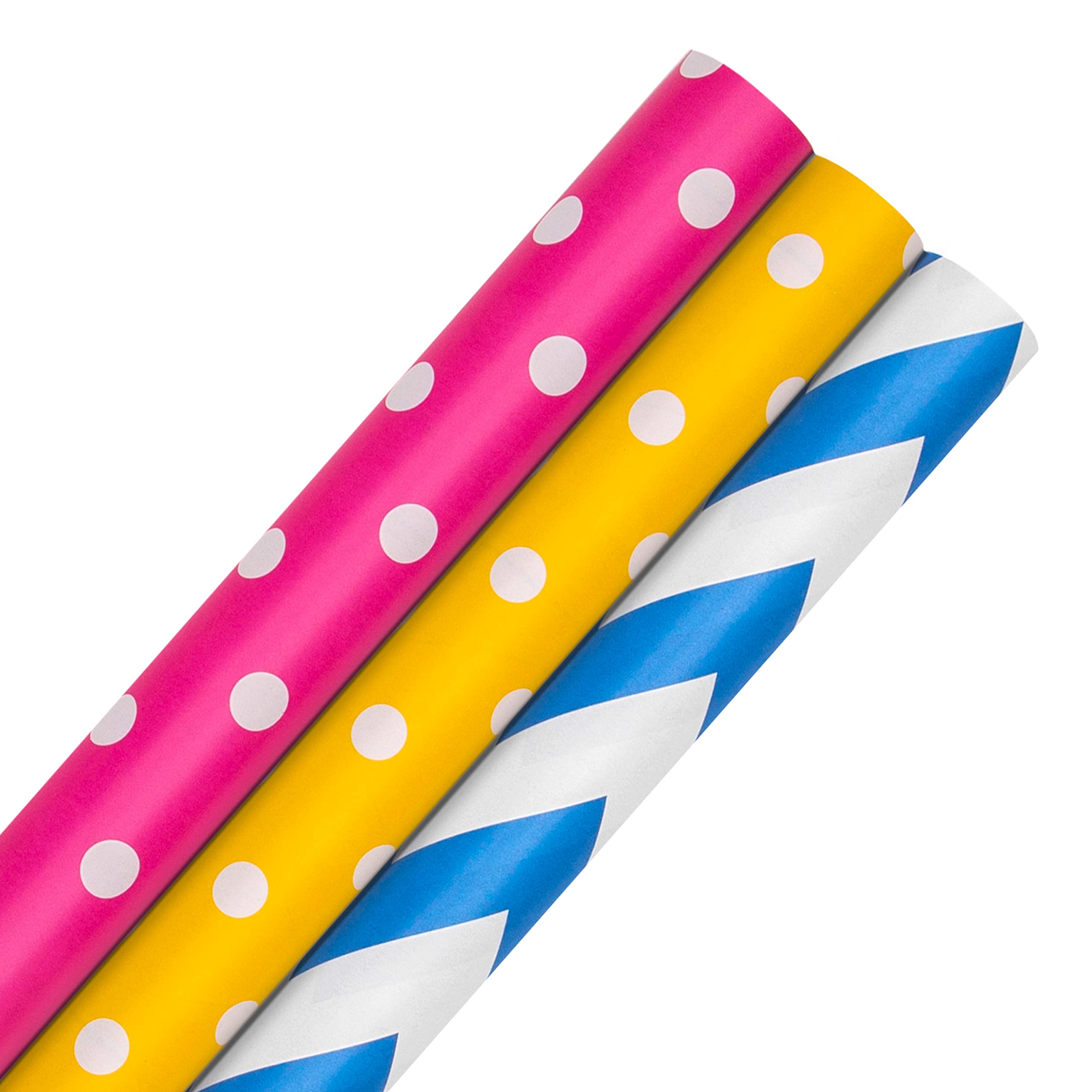 Hallmark Wrapping Paper, Roll Wrap, Pack of 3, 3 Colours, Pink, Yellow, Blue, Polka Dot and Zig Zags, 2M Each
