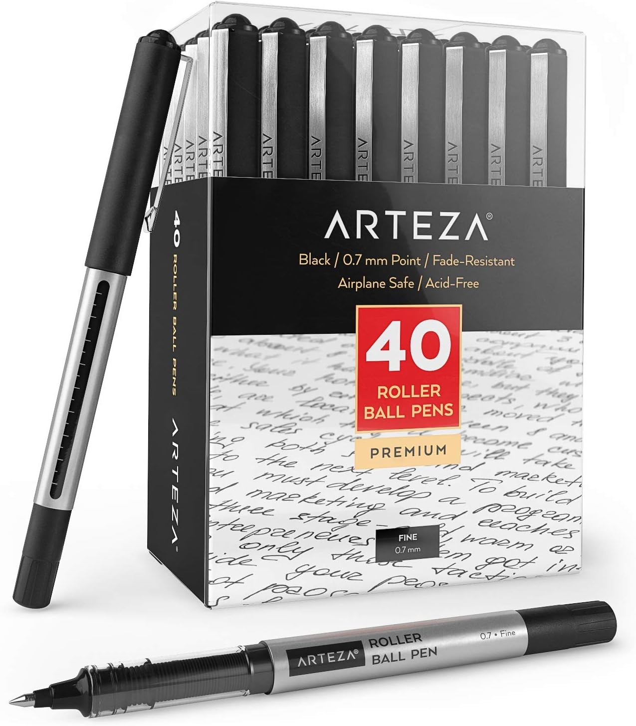 Arteza Rollerball Pens, Pack of 40, 0.7mm Black Liquid Ink Pens for Bullet Journaling, Fine Point Rollerball for Writing, Taking Notes & Sketching: Office Products