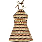 Verdusa Women's Boho 70s Cami Dress Striped Halter Backless Fitted Mini Dress
